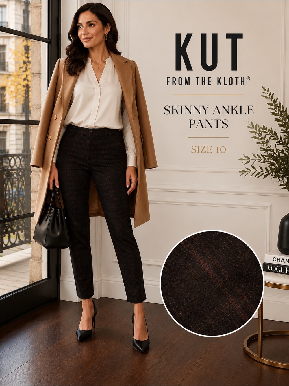 KUT From The Kloth Skinny Plaid Ankle Pants Size 10 Brown Black Stretch